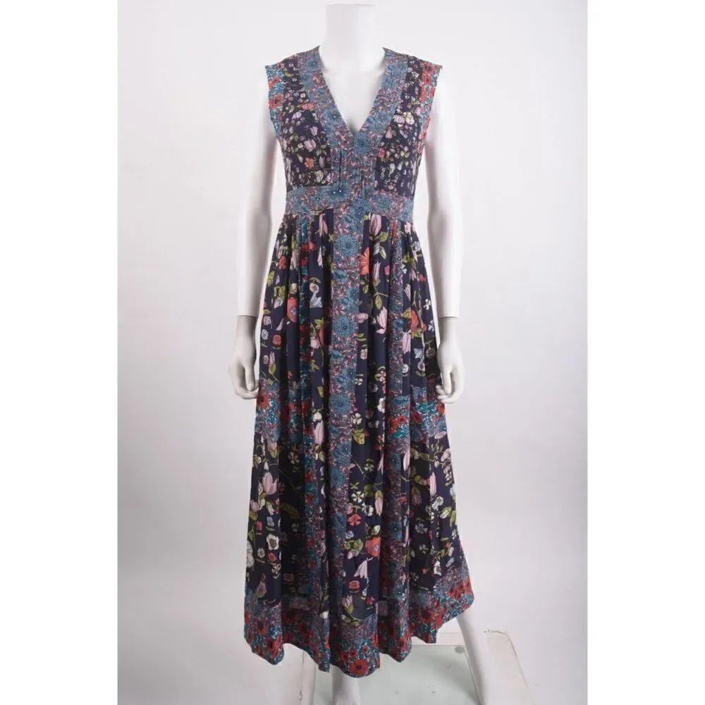 Rebecca Taylor Womans Midi Dress Size 0 Navy Blue Multicolor Floral Silk NWT 595